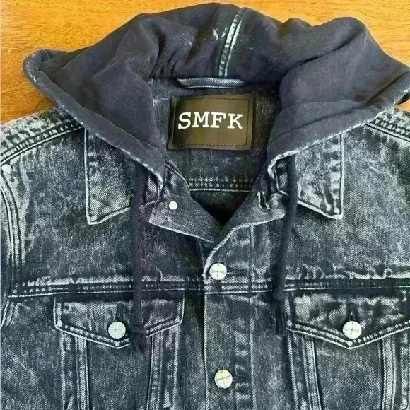 SMFK “Hobo Denim Hooded Jacket” Oversized Black Acid Wash Size 2 New Without Tag - Picture 6 of 15